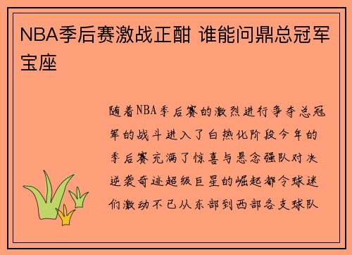 NBA季后赛激战正酣 谁能问鼎总冠军宝座
