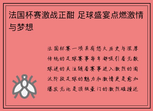 法国杯赛激战正酣 足球盛宴点燃激情与梦想